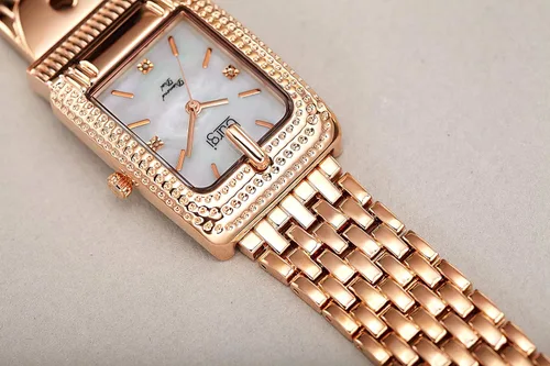Vista 6 de Burgi BUR171 - Reloj rectangular de lujo para mujer, esfera de nácar con 3 marcadores de hora de diamante en pulsera de eslabones de acero inoxidable