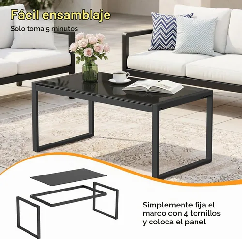 Vista 7 de ONBRILL Mesa de café rectangular con escritorio de vidrio templado, mesa de café para exteriores con marco galvanizado y pies ajustables para patio