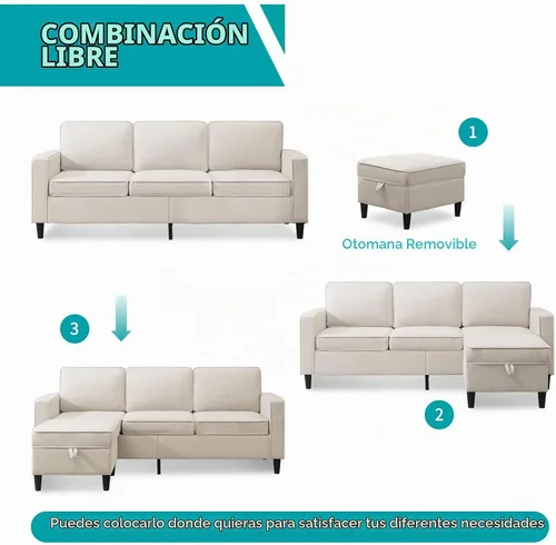 Vista 3 de BALUS Juego de sofás de sala de estar de 78 pulgadas, sofá de 3 plazas con bolsillo lateral y juego de muebles otomanos de almacenamiento, sofá
