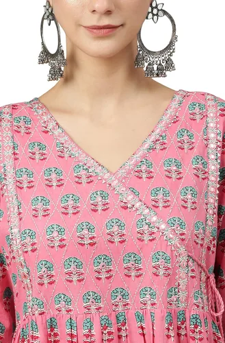 Vista 8 de Janasya Kurta acampanada con estampado de bloques de algodón rosa para mujer india