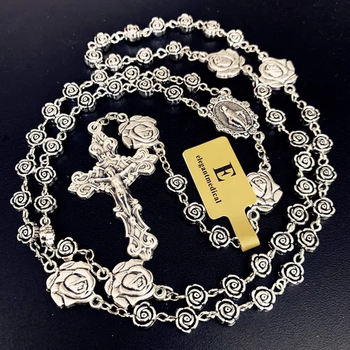 Vista 2 de elegantmedical Hecho a mano vintage plata rosa cuentas rosario católico collar cruz caja de regalo Italia crucifijo, Plata