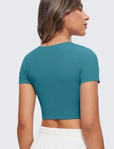 Vista 2 de CRZ YOGA Butterluxe - Camiseta corta de manga corta con doble forro para mujer, cuello redondo, casual, para entrenamiento, bonita camiseta básica