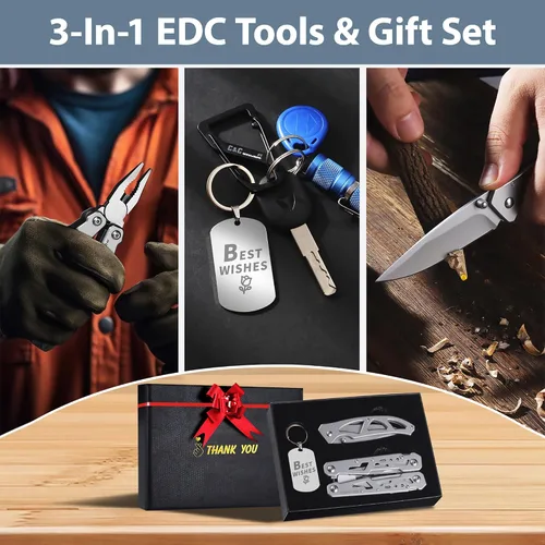 Vista 8 de Multitools - Juego de regalo "THANK YOU", 14 en 1, alicates multiherramientas y cuchillo de bolsillo con etiqueta para llavero, kit EDC de 3 piezas
