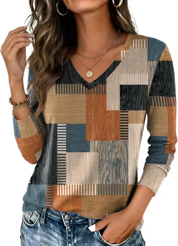 Vista 13 de Zeagoo Camisas de manga larga para mujer, cuello en V, casual, básica Rosa