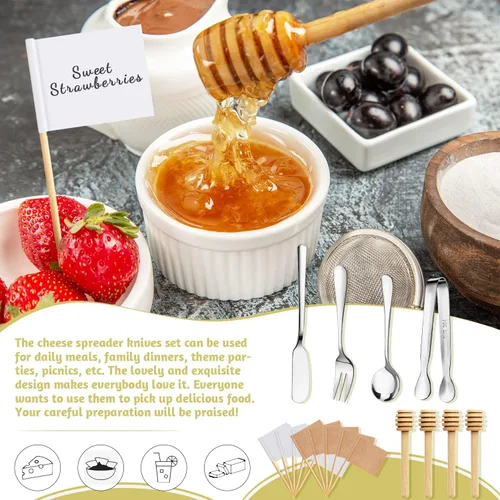 Vista 6 de Accesorios para tableros de charcutería, 64 piezas, juego de cuchillos para esparcidor de mantequilla de queso, utensilios de charcutería, mini
