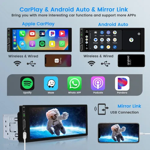 Vista 2 de Hikity 1280 x 480 IPS pantalla táctil Bluetooth 5.1 inalámbrico Android Auto, receptor de audio para automóvil, EQ FM 2USB SWC+cámara de respaldo