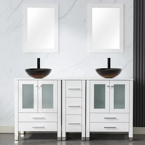 Vista 26 de LUCKWIND 60" Double 24" Bathroom Vanity with Sink Combo, Elegant Series with One 12.6-in Side Cabinet, Painted Frame, Including Tempered Glass Round