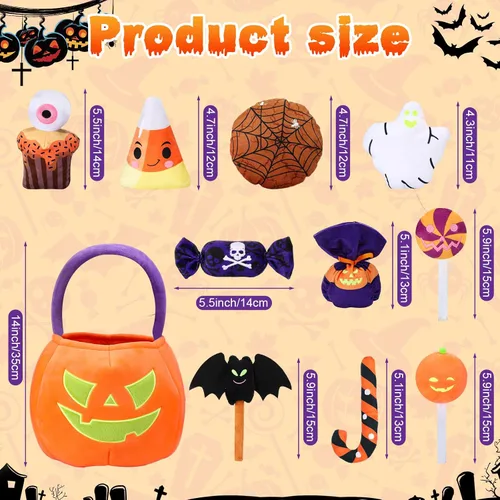 Vista 3 de Liliful Juego de 11 piezas de juguetes de calabaza de Halloween, animales de peluche que brillan en la oscuridad, cesta grande de calabaza de felpa