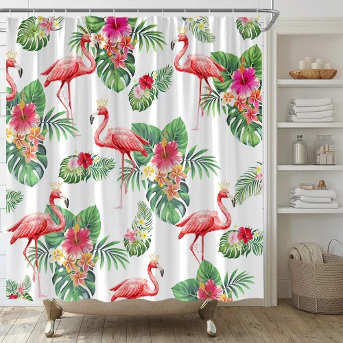 Vista 9 de Cortina de ducha con diseño de flamenco, flor tropical, hoja de palmera verde, juego de decoración de baño con ganchos