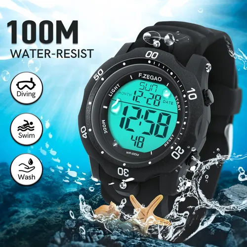 Vista 2 de F.ZEGAO Men Digital Sports Watch, 100M Diving Grade Waterproof Watch with Stopwatch Countdown Timer Alarm Function Dual Time Silicone Strap Wrist