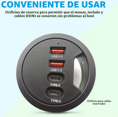 Vista 5 de Hub USB 3.0 con ojal para escritorio (diámetro de 2.36 pulgadas o 2.362 in) 2 puertos tipo A y 2 puertos tipo C, carga compatible y transmisión