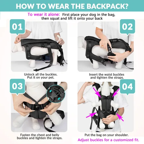 Vista 4 de Lukovee Mochila transportadora para perros, con patas hacia afuera, fácil ajuste, transportadora frontal para perros pequeños y medianos Negro