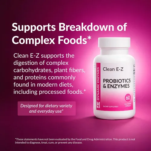 Vista 3 de Clean E-Z Enzymes + Probióticos - Mezcla de enzimas quitosanasa con probióticos estables en el estante - Apoya el equilibrio intestinal y microbioma