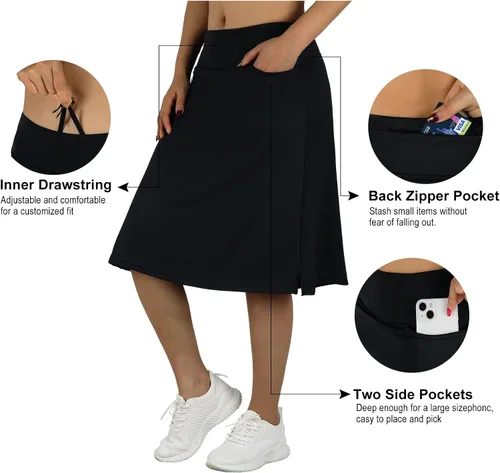 Vista 5 de BELEROY Falda pantalón hasta la rodilla para mujer con bolsillos, falda midi con pantalones cortos integrados, falda de tenis de golf para uso casual