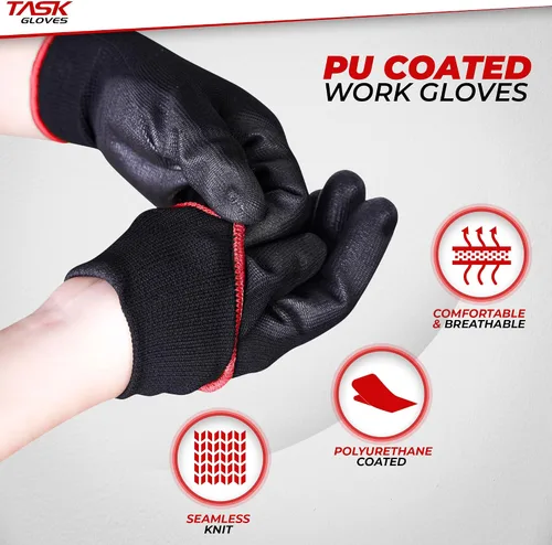 Vista 3 de Task Force - Guantes de trabajo de seguridad con revestimiento de poliuretano, 12 pares, guantes de punto sin costuras con revestimiento