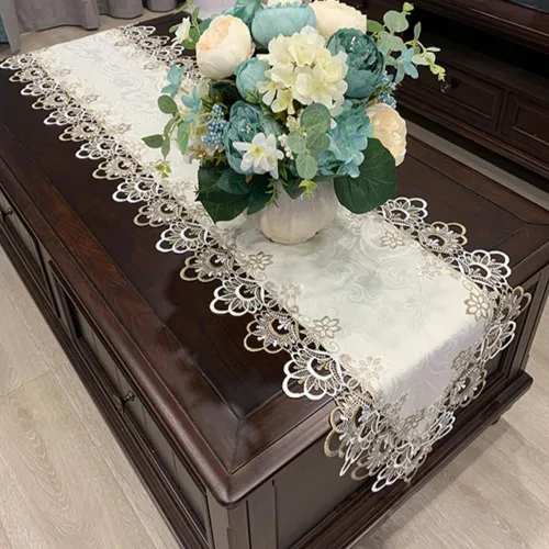 Vista 3 de AMZALI Corredores de mesa de macramé para fiesta, 70 pulgadas de encaje floral bordado rectangular bufanda para cómoda decoración de mesa para boda