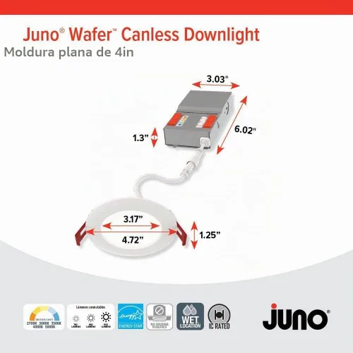 Vista 6 de Juno Luces LED Empotradas de 4 Pulgadas Redondas con Deflector de Oblea Downlight, Temperatura de Color Blanco Conmutable 5 en 1, Brillo Ajustable