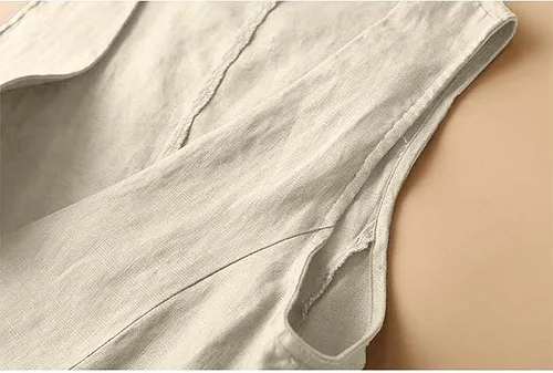 Vista 3 de UATKIMI Chaleco de lino de algodón para mujer, casual, holgado, cuello en V, sin mangas, chaqueta, Beige