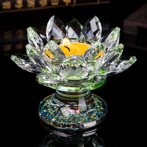 Vista 2 de Portavelas de loto de cristal, portavelas de flor de loto, soporte para velas votivas de pétalos de loto con base de cristal, candelabro de loto