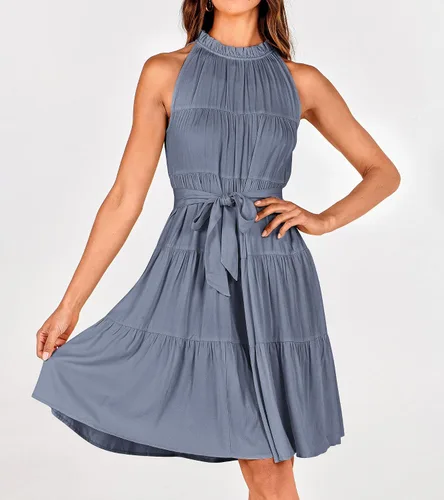 Vista 7 de Okiwam - Vestido de verano para mujer sin mangas y con cuello halter, vestido estilo bohemio vaporoso y plisado, minivestido de cóctel holgado