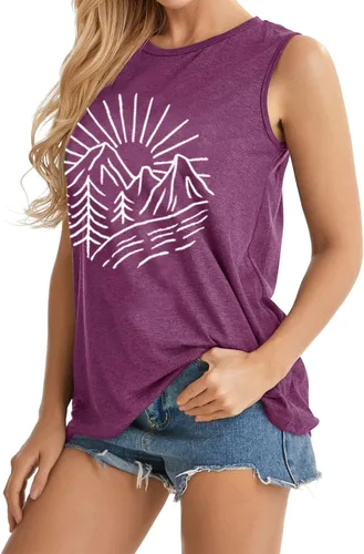 Vista 3 de Camisetas sin mangas de senderismo y montaña para mujer, divertidas camisetas de entrenamiento con gráficos de pino y amanecer, camisetas de verano