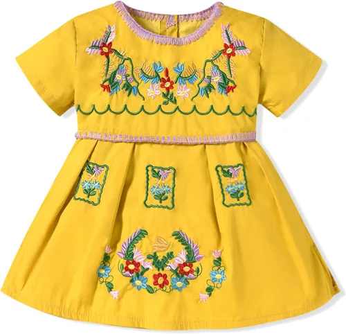Vista 10 de Aalizzwell Vestido Bordado para Bebé Niña Pequeña Ropa Étnica Vestido de Verano de Manga Corta Negro