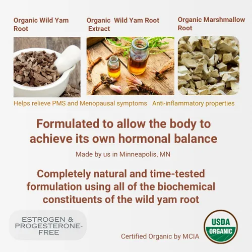 Vista 6 de Crema de Raíz de Yam Silvestre Indian Meadow Herbals (2oz) - Crema Equilibrante Certificada USDA Orgánica para Alivio del Síndrome Premenstrual