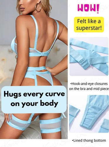Vista 102 de Kaei&Shi - Lencería con liguero para mujer, conjunto de encaje traslúcido y sexy de 4 piezas combinadas