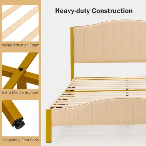 Vista 3 de GIANTEX Base de cama tapizada tamaño Queen, base de cama moderna con cabecera acolchada, base de colchón con soporte de listones de madera maciza