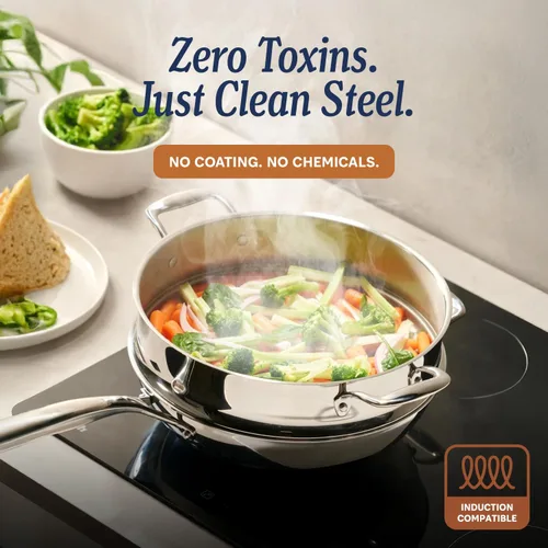 Vista 2 de LEGEND COOKWARE Cacerola de acero inoxidable de 5 capas de 2 cuartos de galón con tapa, compatible con inducción, apta para horno a 800 °F,
