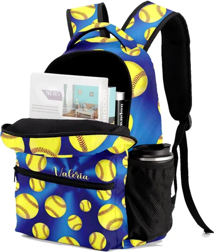 Vista 4 de Mochila unisex de sóftbol azul amarillo con nombre personalizado para niños personal de oficina diario Personalizado 1 Mochilas Daypack