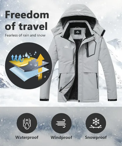 Vista 3 de Chaqueta de esquí de invierno impermeable para hombre, chaqueta de snowboard de invierno impermeable con capucha y forro polar resistente al viento