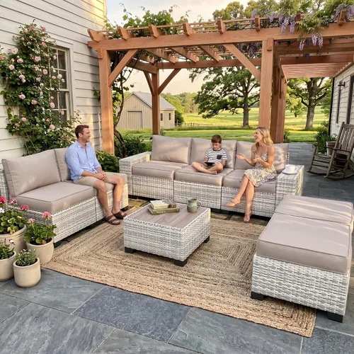 Vista 19 de Muebles de patio al aire libre conjunto PE mimbre ratán al aire libre sofá seccional Gris