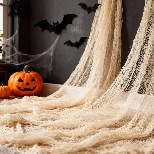 Vista 8 de Qtisky Juego de 5 telas de gasa espeluznante de Halloween, tapiz de gasa de Halloween beige para interiores y exteriores, decoraciones espeluznantes