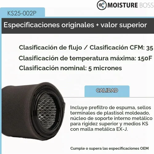 Vista 2 de Filtro de admisión para compresor de aire - Pieza de repuesto del mercado de accesorios compatible con OEM para Quincy, Solberg, Scrollex