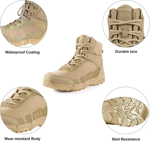 Vista 3 de FREE SOLDIER Botas de senderismo impermeables para hombre, botas de trabajo ligeras, botas tácticas militares, botas de combate duraderas