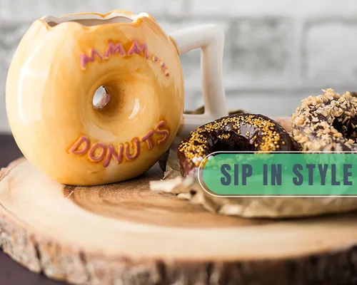 Vista 6 de Comfify Taza de cerámica con forma de dona – Esmalte rosa con chispas – Divertida cita "MMM... Donuts!" – Taza de café de 14 onzas para té