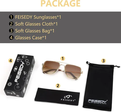 Vista 6 de FEISEDY Gafas de sol Aviador Hombres Mujeres 70s Gafas de sol Cuadrado Marco UV400 Protección B2953