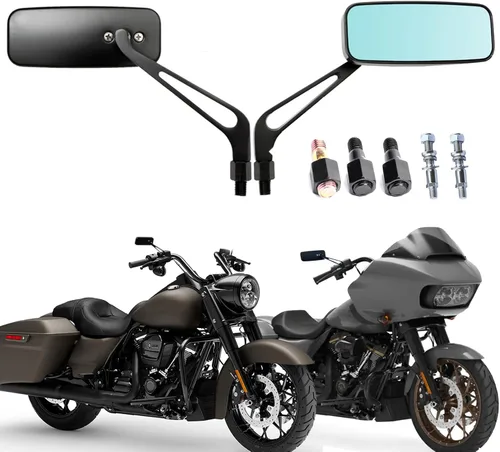 Vista 10 de Black Rectangle Motorcycle Bobber espejos para motocicleta cruiser chopper con humo azul 8 mm-10 mm, Negro