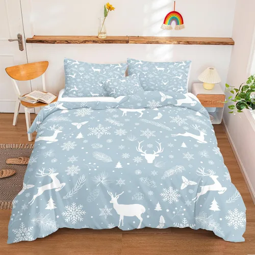 Vista 39 de Juego de ropa de cama de Navidad con funda de edredón de copos de nieve, color blanco y rojo, con estampado navideño, juego de ropa de cama festiva