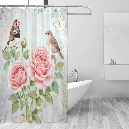 Vista 48 de MNSRUU Fabric Shower Curtain, Flowers and Butterflies Pink Waterproof Polyester Curtains with Hooks for Home Bathroom Decorative