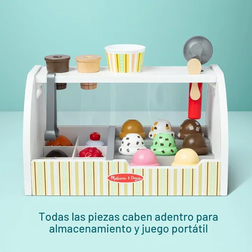 Vista 4 de Melissa & Doug - Encimera de helados de madera con cuchara para servir, juego de tienda de simulación, 28 accesorios de comida y cocina de juguete