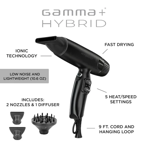 Vista 3 de GAMMA+ Secador de pelo profesional híbrido ligero, tecnología iónica, bajo ruido con 2 boquillas y difusor