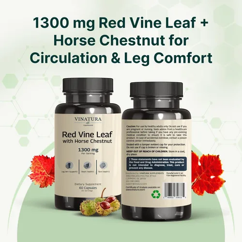 Vista 8 de VINATURA Extracto de hoja de vid roja, castaño de indias, 1300 mg/porción, circulación y apoyo venoso para piernas saludables, ayuda al flujo