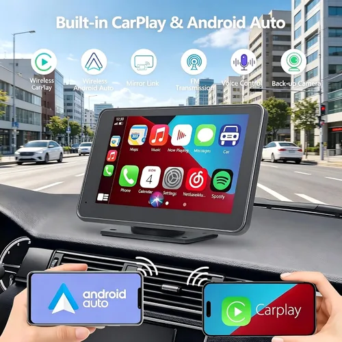 Vista 2 de Carplay - Pantalla para coche con Apple CarPlay/Android Auto, estéreo inalámbrico de 7 pulgadas, pantalla táctil portátil para auto con Bluetooth