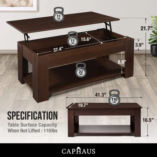 Vista 3 de CAPHAUS Mesa auxiliar elevable con almacenamiento y compartimento oculto, mesa elevadora para sala de estar, estante inferior abierto, 41 pulgadas