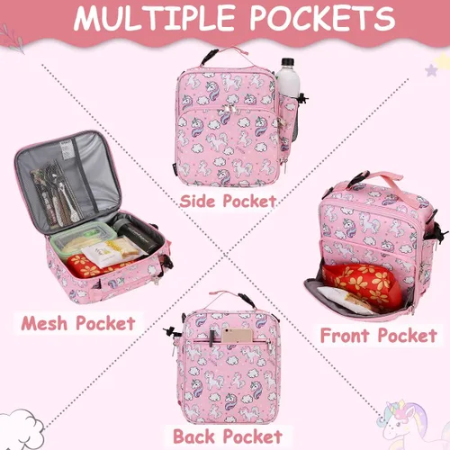 Vista 5 de RAVUO Bolsa de almuerzo para niñas, lonchera aislada para niños, linda bolsa de almuerzo reutilizable de unicornio con correa de hombro desmontable