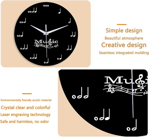 Vista 4 de Reloj de pared creativo con nota musical, reloj silencioso en blanco y negro, decorativo, para niños, adultos, estudiantes, habitación, hogar