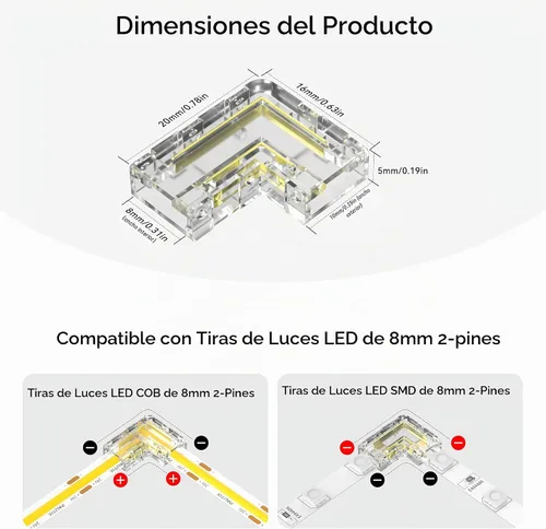 Vista 4 de PAUTIX 8mm Conectores COB de 2 pines 8 piezas, Conectores en forma de L/de esquina, Adaptador de terminal de extensión sin soldadura reutilizable, 2