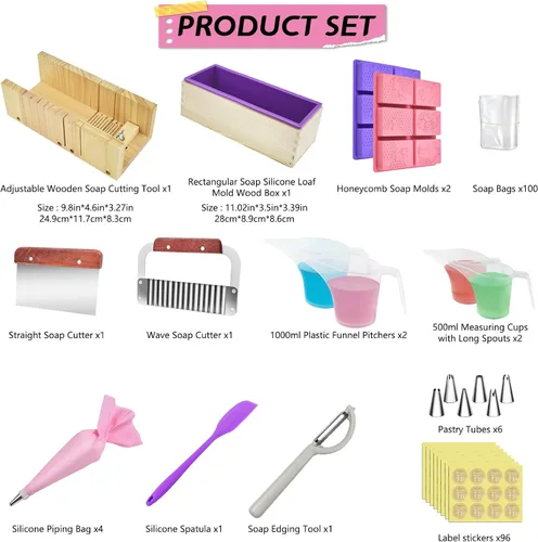 Vista 2 de Artcome Kit de fabricación de jabón: suministros completos para hacer jabón con molde de silicona de 42 onzas, herramientas de corte de madera